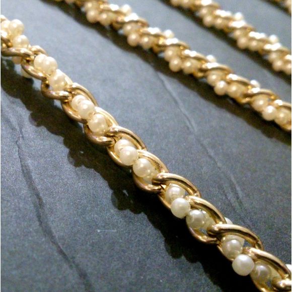 Vintage Faux Pearl Gold Chain Woven Two Necklaces One Bracelet Set Demi Parure - Picture 5 of 5